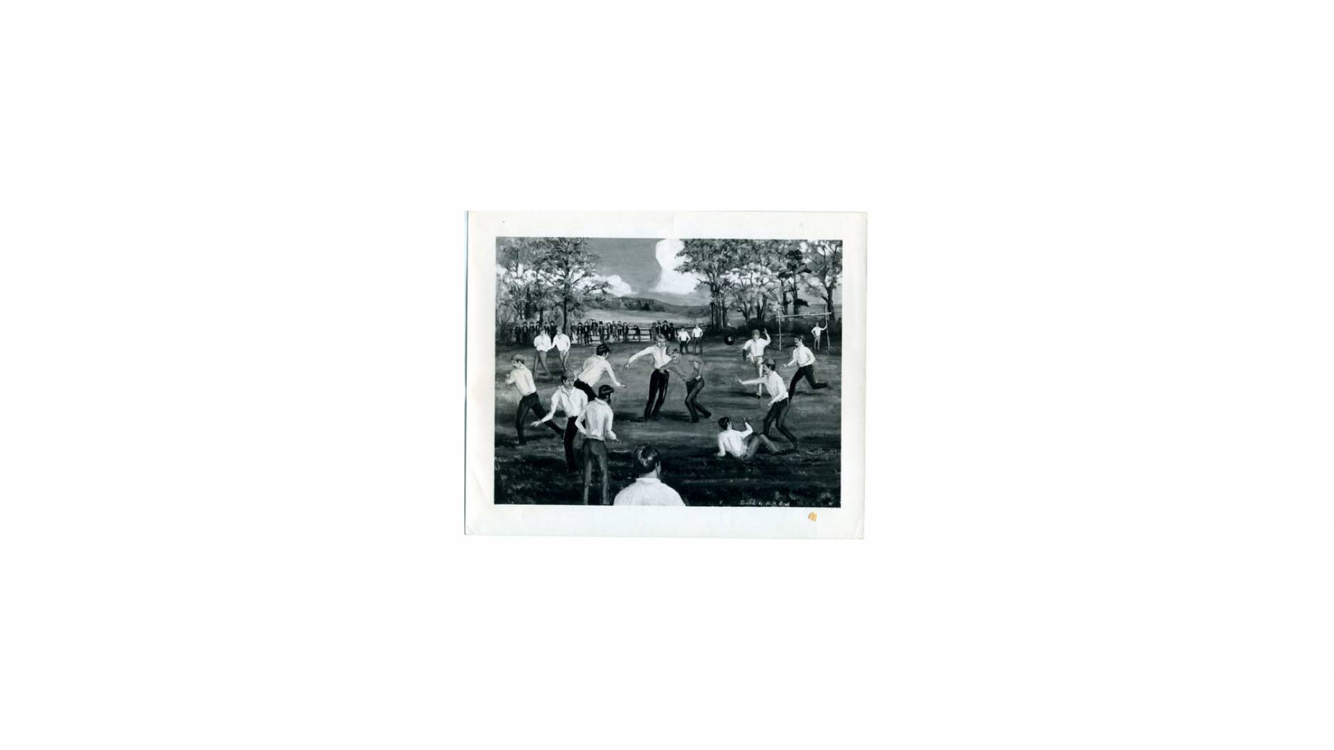 black and white painting of a football game