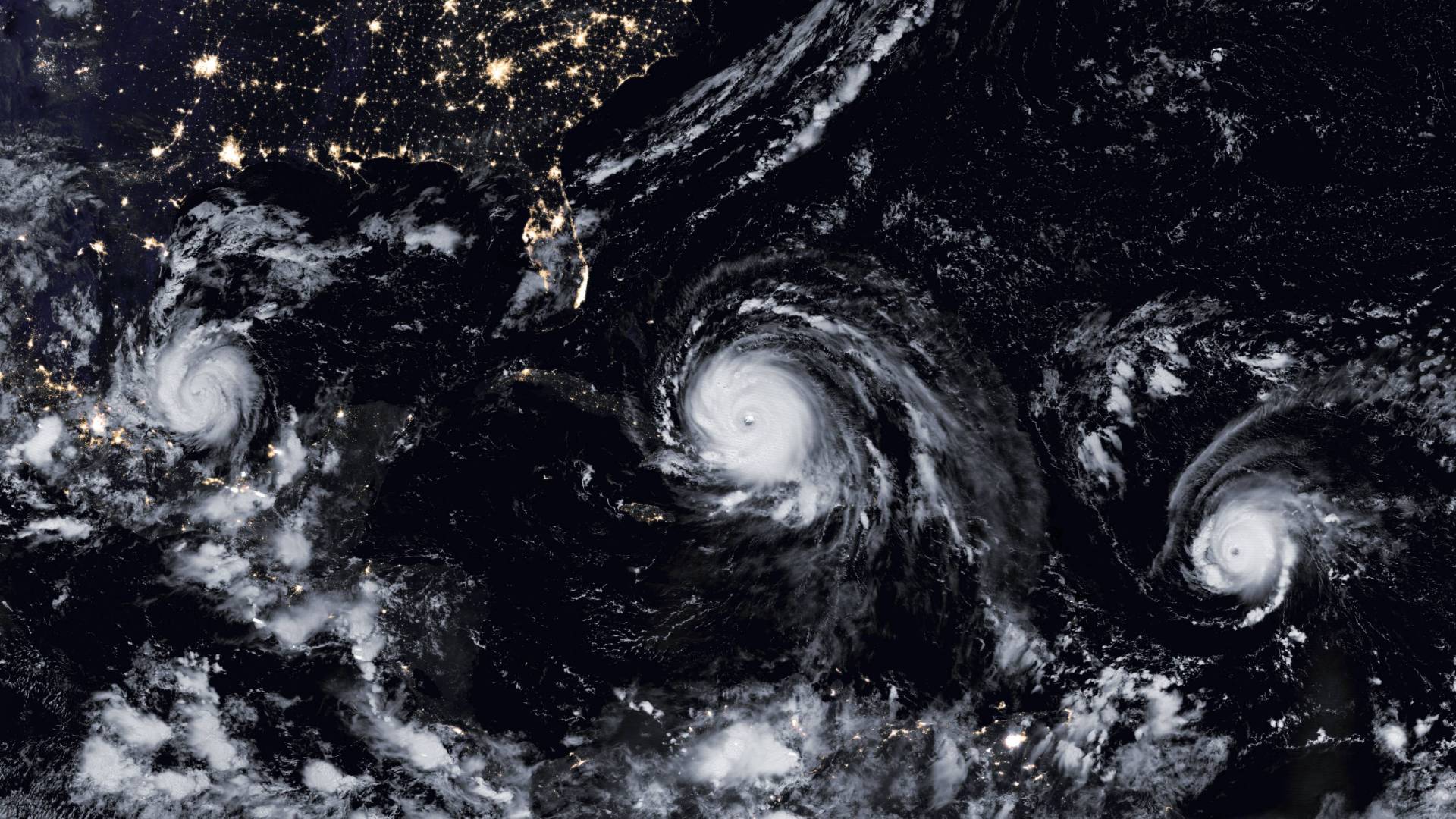 Satellite image of three hurricanes developing
