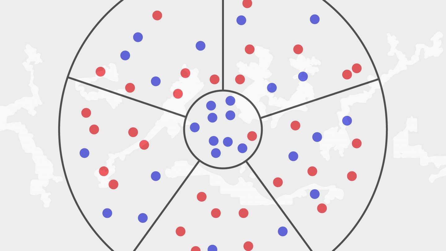 series of red and blue dots on top of silhouette of North Carolina district maps
