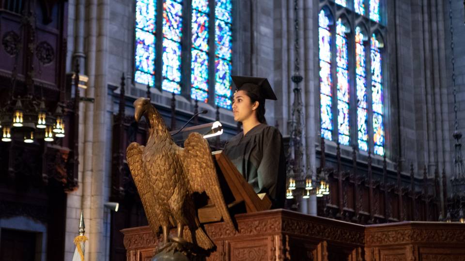 Baljot Ranu at podium during Baccalaureate ceremony