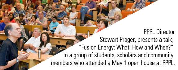 PPPL Director Stewart Prager, presents a talk, “Fusion Energy: What, How and When?” to a group of students, scholars and community members who attended a May 1 open house at PPPL.