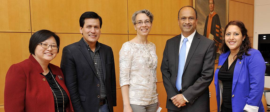 From left: Julie Yun, assistant dean for diversity and inclusion in the Office of the Dean of the Graduate School; Dale Trevino, associate dean for diversity and inclusion in the Office of the Dean at the Graduate School; Michele Minter, vice provost for institutional equity and diversity; Sanjeev Kulkarni, dean of the Graduate School and a professor of electrical engineering; and Vanessa Gonzalez-Perez, assistant dean for diversity initiatives in the natural sciences at the Graduate School.