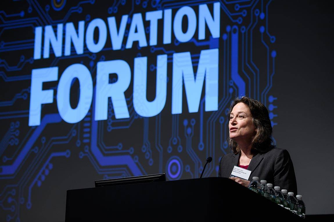 Emily Carter, dean of engineering, welcomes the audience at the 12th annual Innovation Forum on Feb. 15, noting that the event is an example of the school reaching out "to the rest of the University and beyond to make a difference in the world."