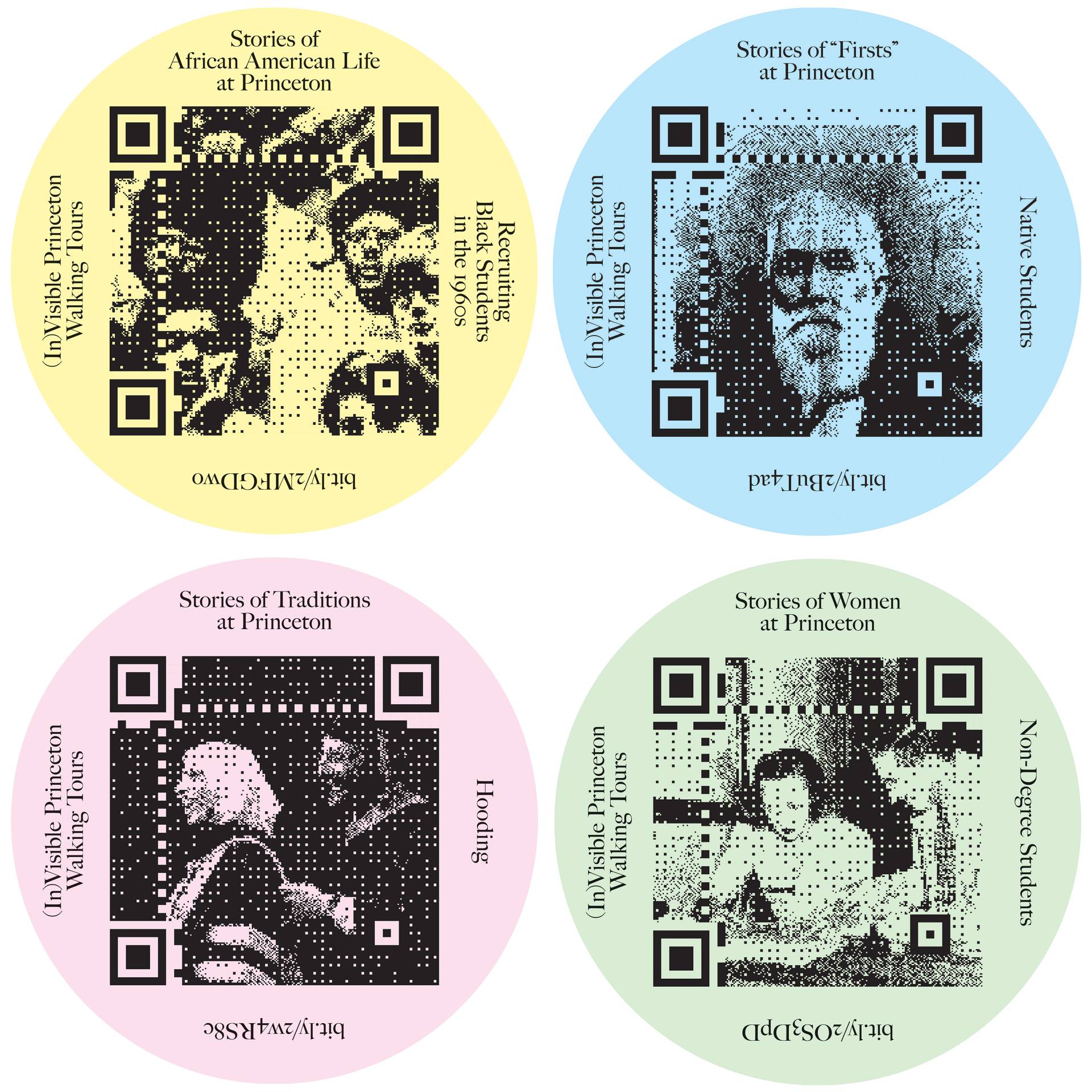 Example of stickers with QR codes that mark tour stops: Stories of African American Life at Princeton; Stories of “Firsts” at Princeton; Stories of Traditions at Princeton; and Stories of Women at Princeton.