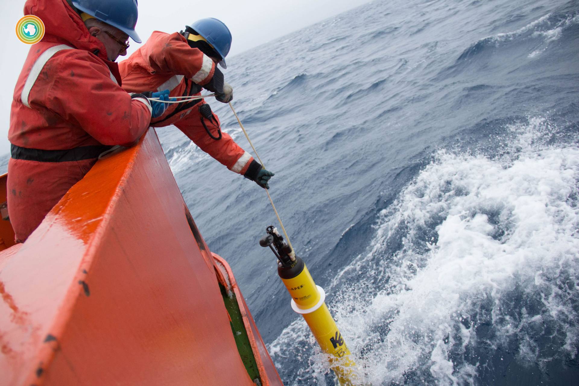 Researchers lower a device into the water