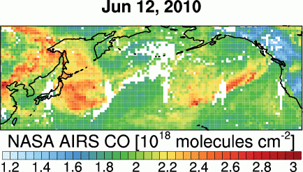 NASA satellite images show Asian pollution plumes drifting east toward North America.
