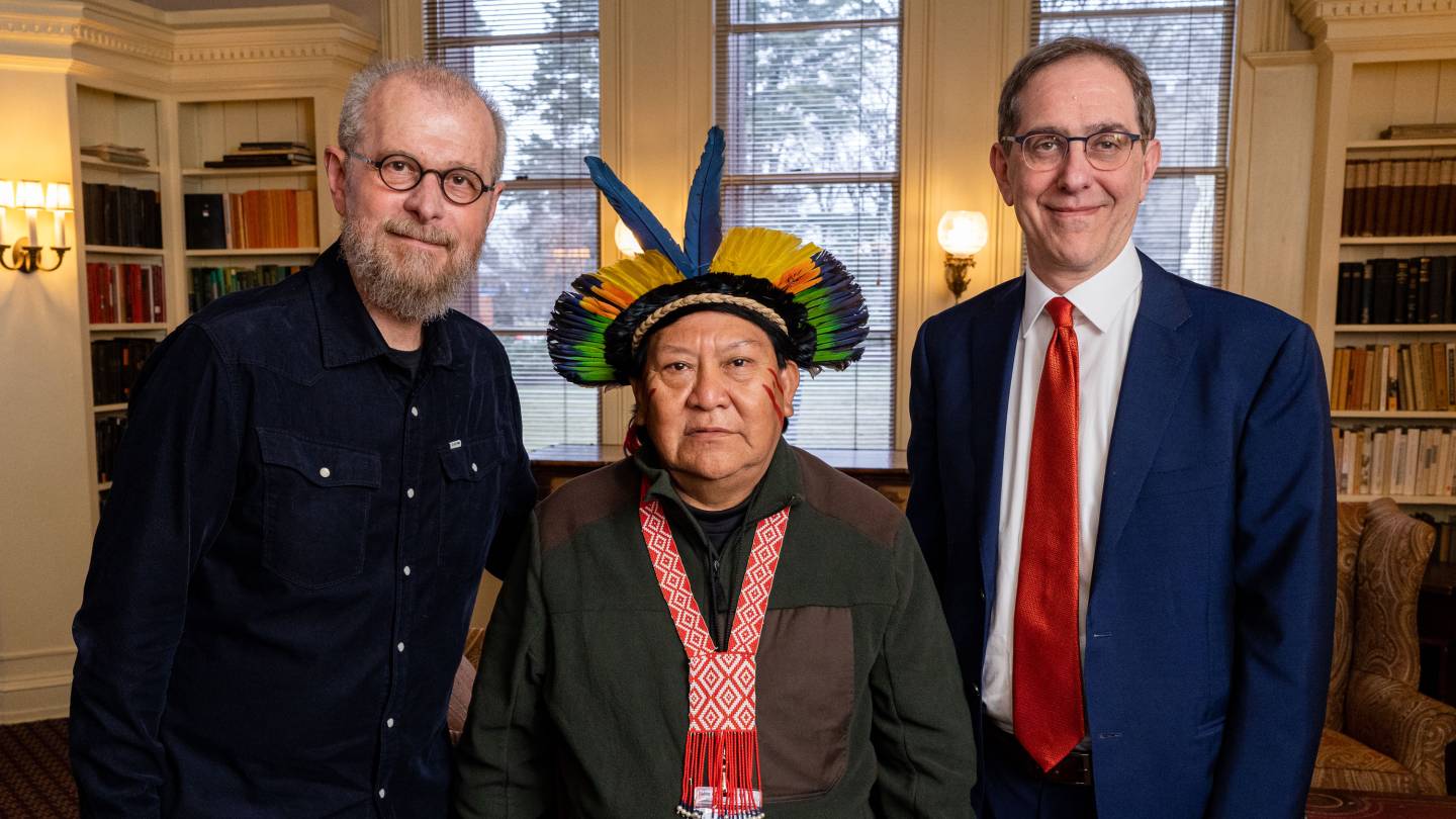 Davi Kopenawa, President Eisgruber and Professor João Biehl